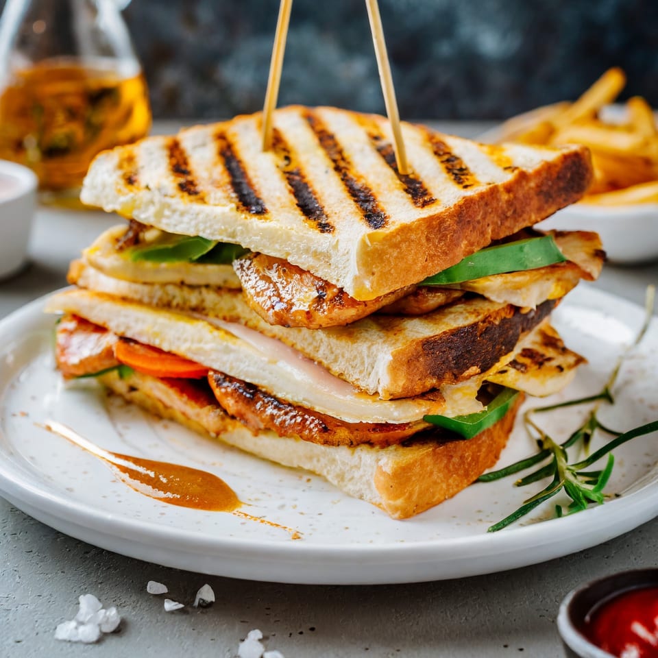 A stacked grilled chicken sandwich with vegetables and cheese, served with fries and sauce.